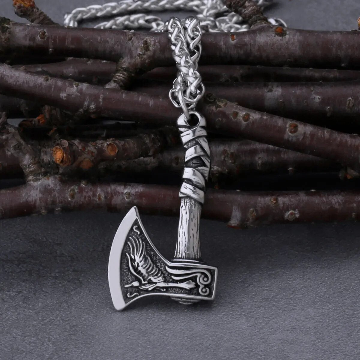 Viking Wolf and Crow Axe Pendant Retro Slavic Odin Amulet  Charm Stainless Steel Pendant Necklace