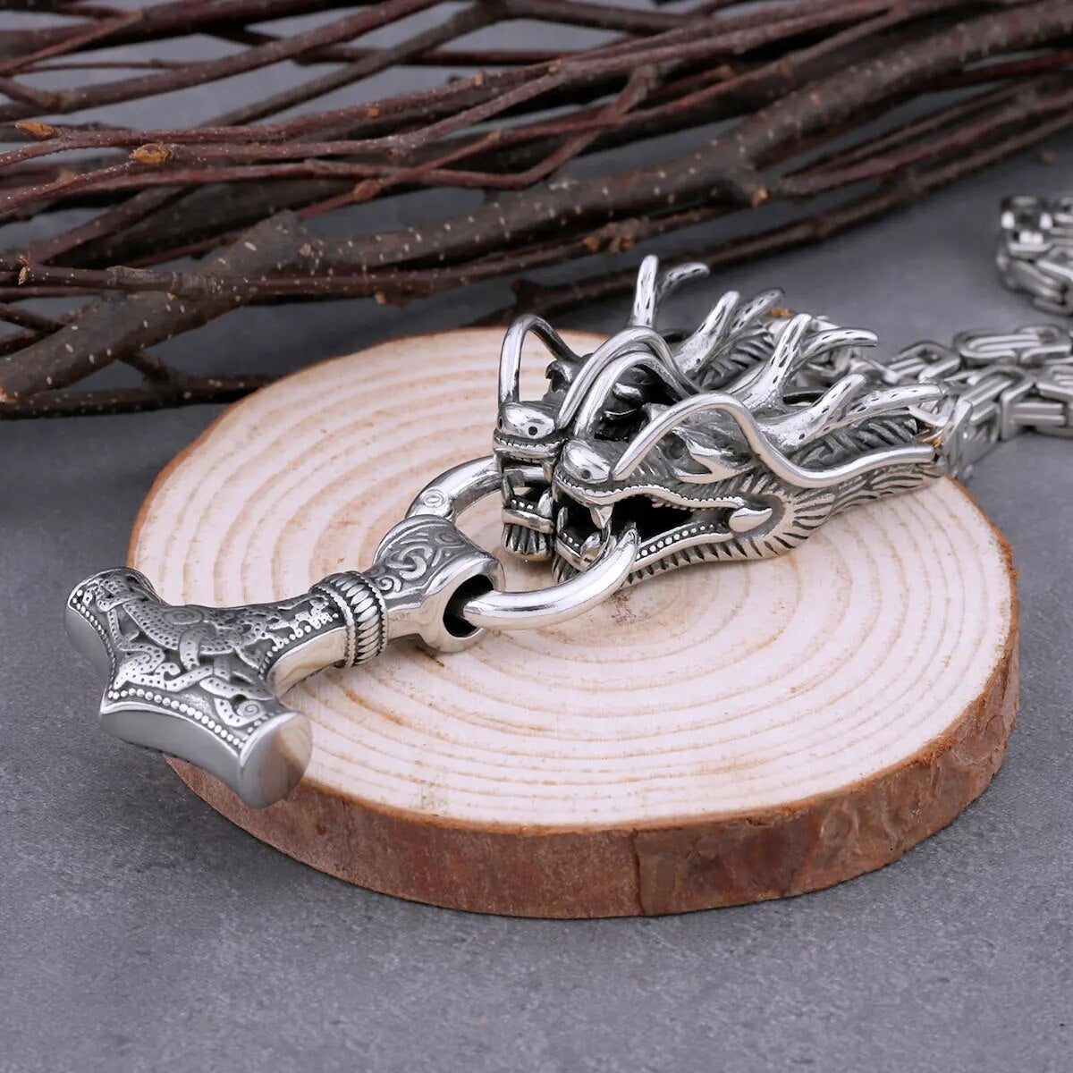 Viking Thor’s Hammer Necklace – Mjölnir Pendant with Dragon Heads