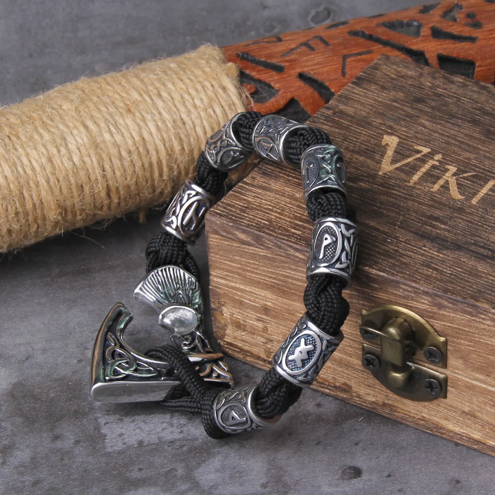 Never Fade Viking Axe punk beads bracelet for men stainless steel fashion climbing rope Jewelry