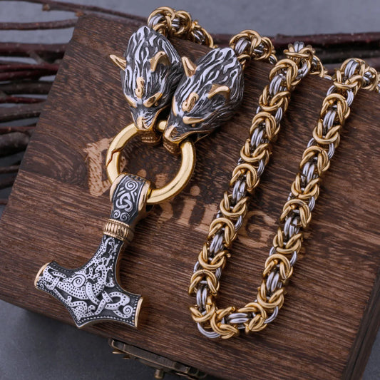 Lupine Sovereignty: Stainless Steel Wolf Head Viking Amulet with Thor's Hammer Pendant Necklace