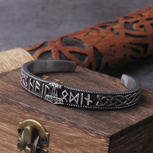 Handmade Nordic Rune Bangle: Stainless Steel, Thor's Hammer