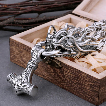 Viking Thor’s Hammer Necklace – Mjölnir Pendant with Dragon Heads