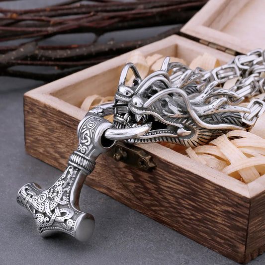 Nordic Dragonforge: Vikings Thor's Hammer Pendant with Steel Color Dragon Head Square Necklace