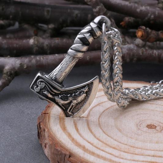 Viking Wolf and Crow Axe Pendant Retro Slavic Odin Amulet  Charm Stainless Steel Pendant Necklace