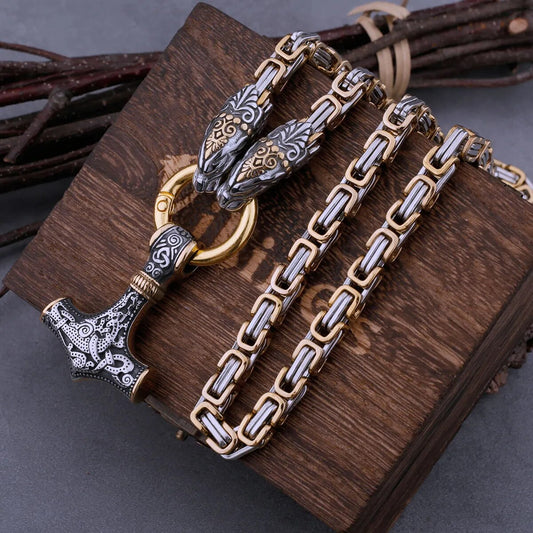 Nordic Dragon & Hammer Necklace: Men's Stainless Steel Pendant