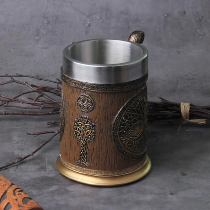 Enchanted Grove Draught: Nordic-inspired beer mug with Tree of Life Drakkar tankard in a large size.