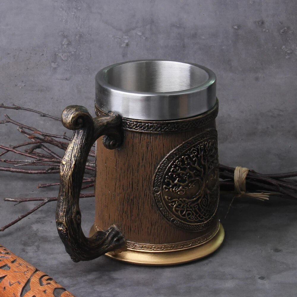 Enchanted Grove Draught: Nordic-inspired beer mug with Tree of Life Drakkar tankard in a large size.