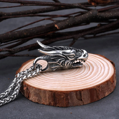 Nordic Dragon Rhythm: Stainless Steel Viking Dragon Head Necklace - Men's Fashion Hip Hop Amulet Biker Pendant