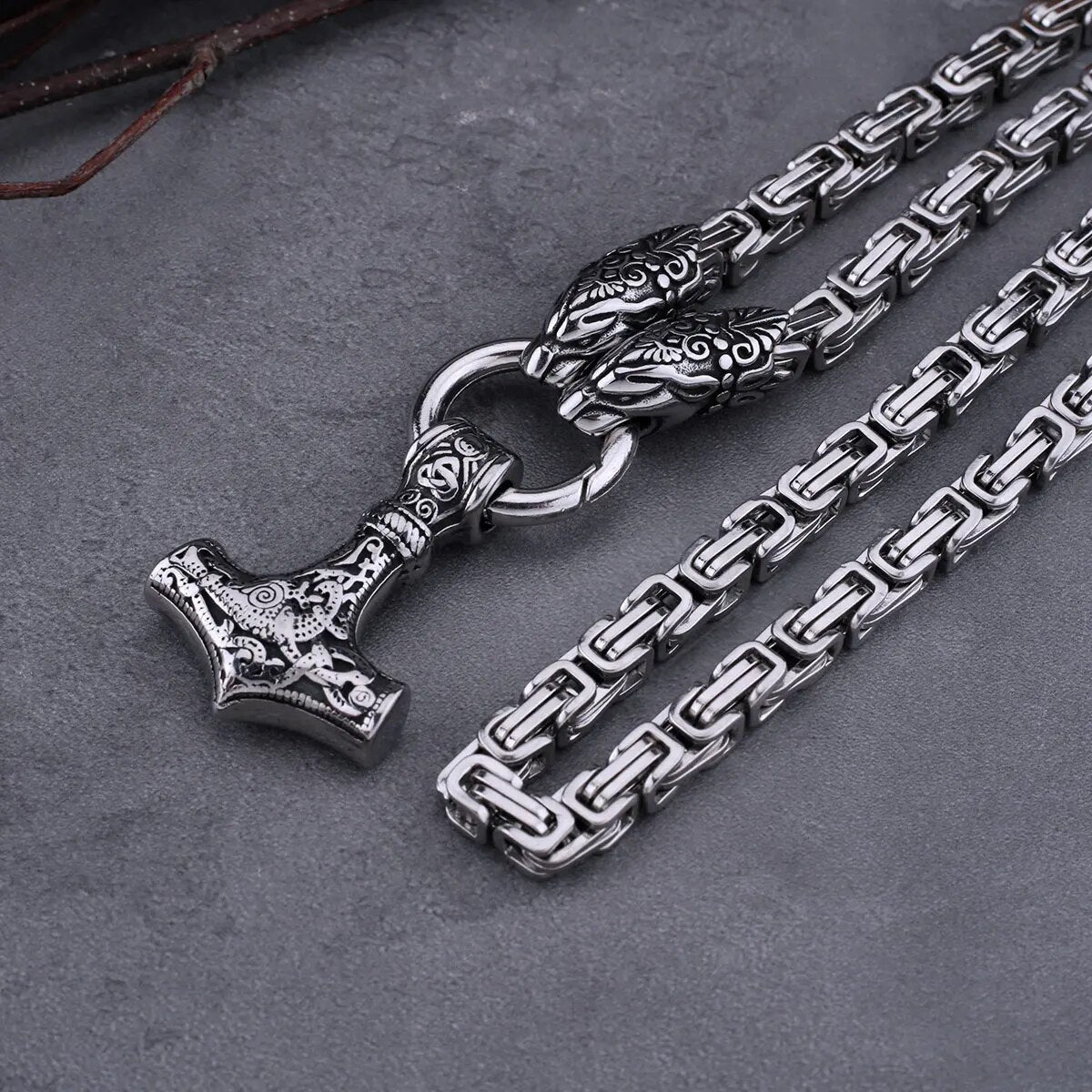 Nordic Dragon & Hammer Necklace: Men's Stainless Steel Pendant