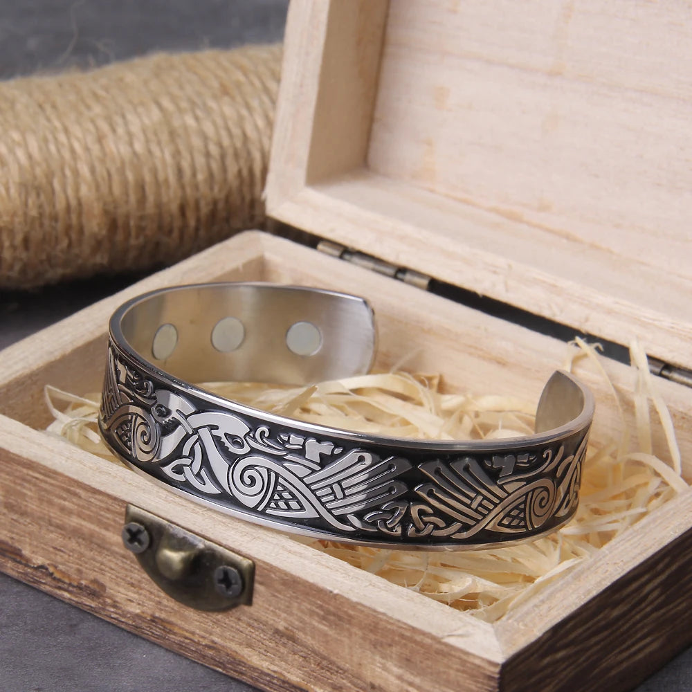 Handmade Nordic Raven Bangle: Stainless Stee