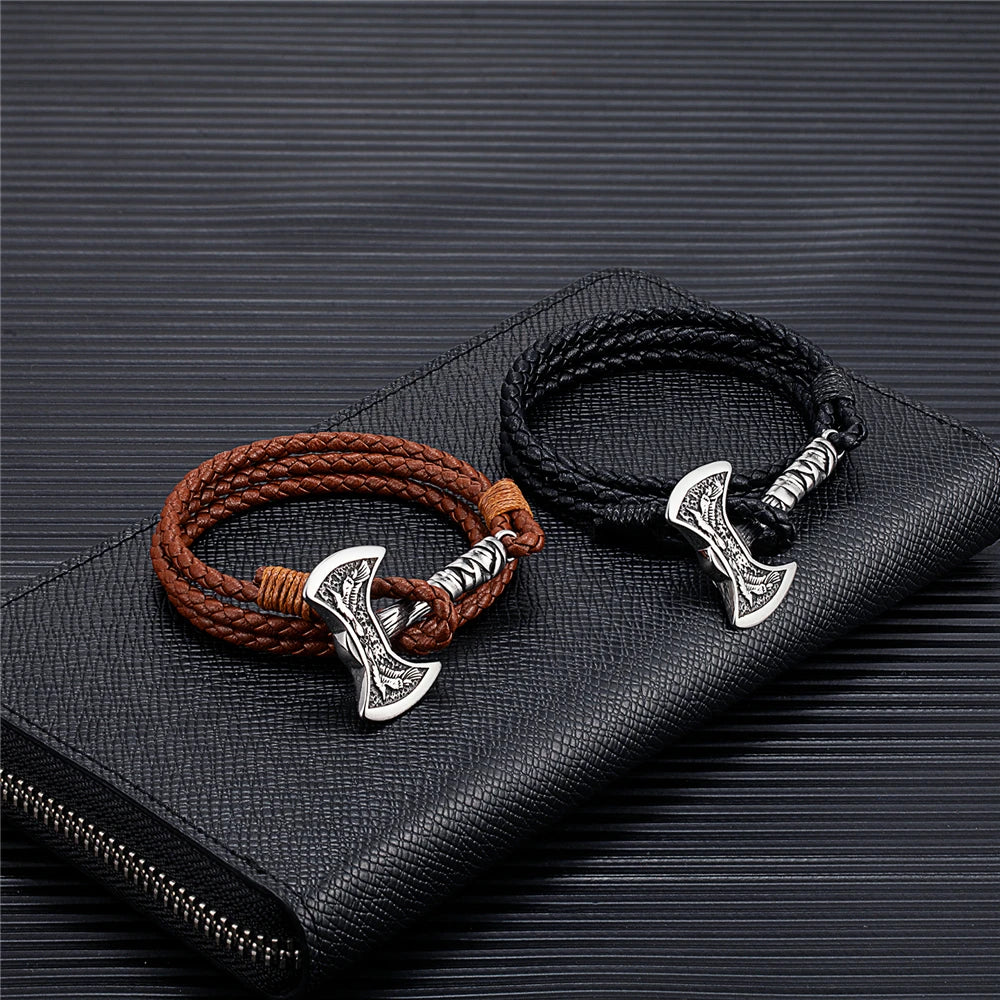 Norse Hatchet Leather Bracelet: Stainless Steel, Multi-layer, Self-defense