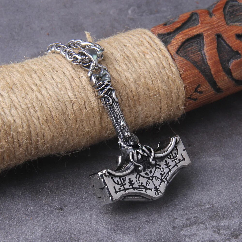 Thor's Rune Voyage: Norse Mjolnir amulet necklace with stainless steel chain and Vegvisir anchor pendant