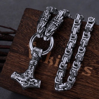 Nordic Dragon & Hammer Necklace: Men's Stainless Steel Pendant