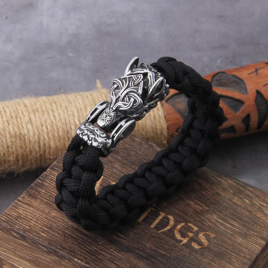 Enduring Viking Wolf Bracelet: Handmade men's cord bracelet with a wolf mouth that can open