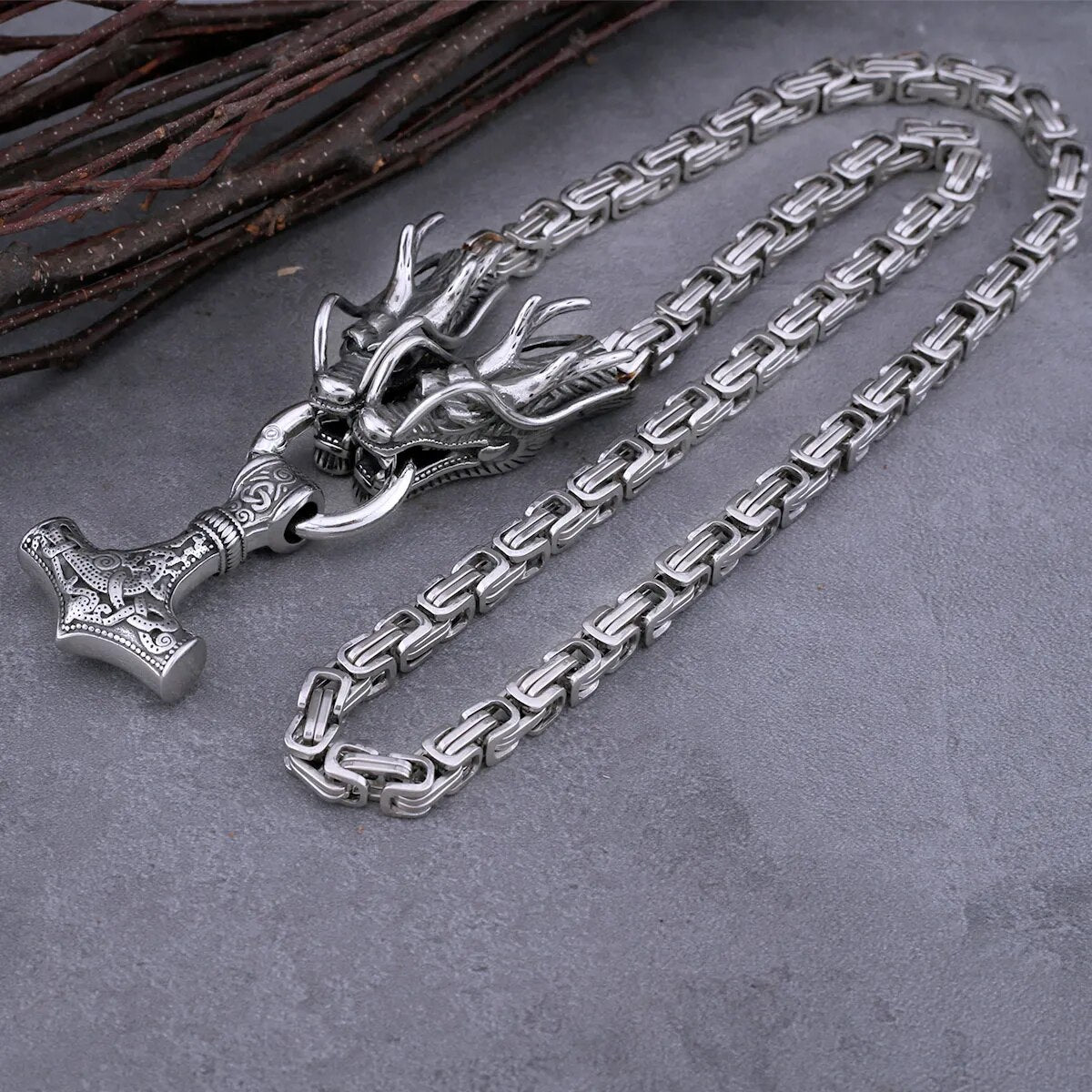 Viking Thor’s Hammer Necklace – Mjölnir Pendant with Dragon Heads