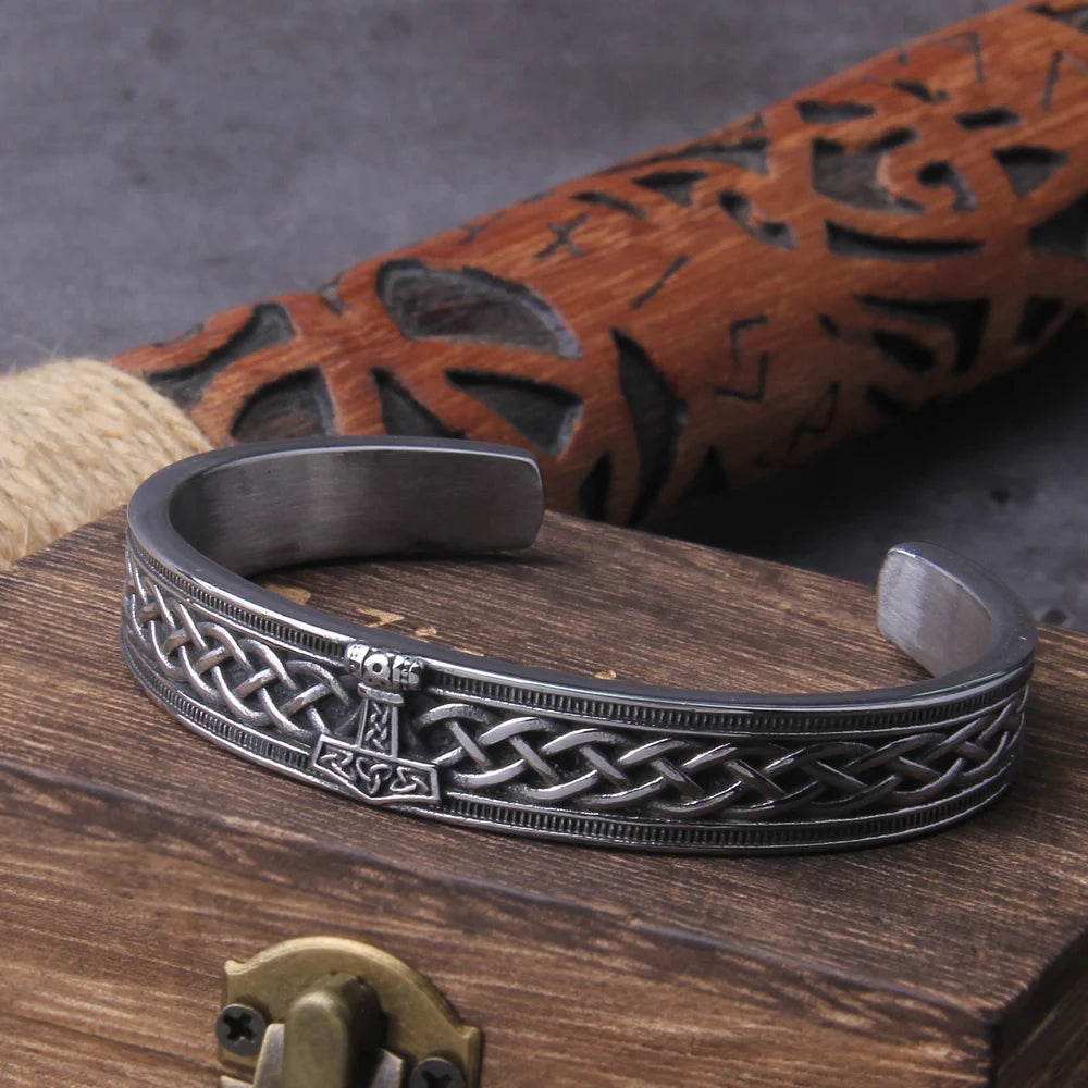 Handmade Nordic Rune Bangle: Stainless Steel, Thor's Hammer