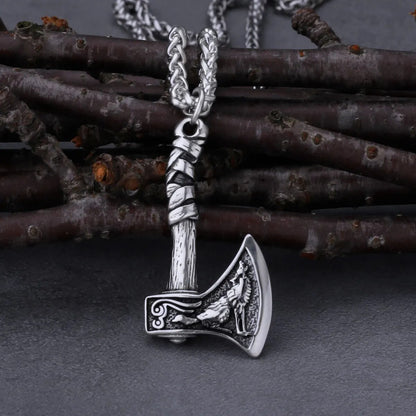 Viking Wolf and Crow Axe Pendant Retro Slavic Odin Amulet  Charm Stainless Steel Pendant Necklace