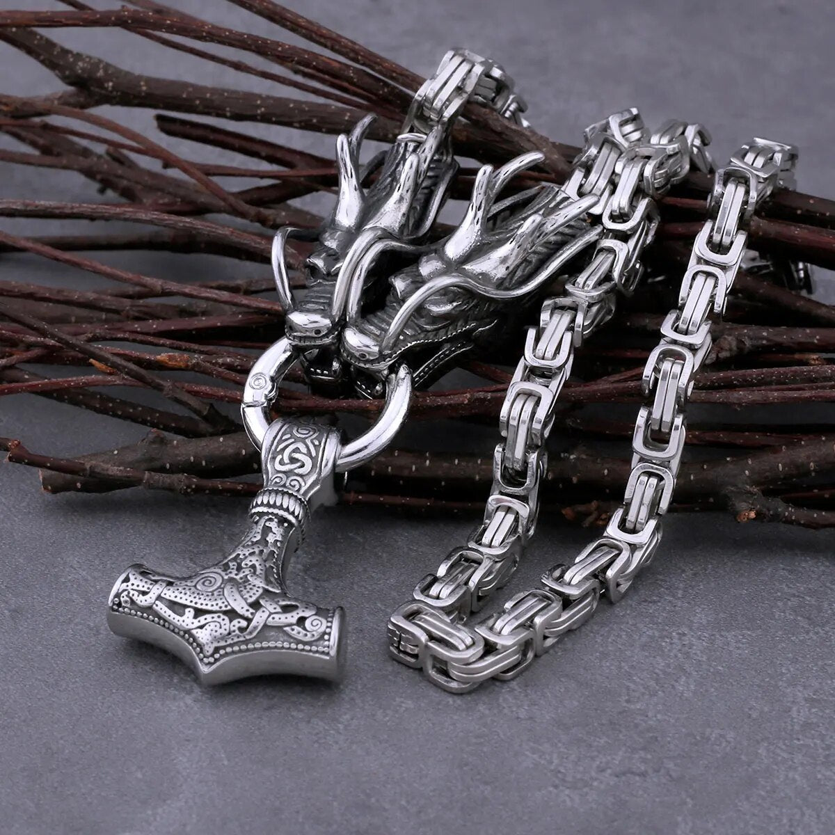 Viking Thor’s Hammer Necklace – Mjölnir Pendant with Dragon Heads