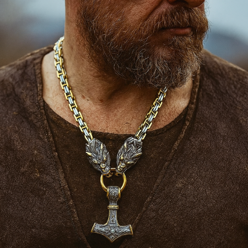 Viking Steel Wolf, Dragon & Thor's Hammer Necklace