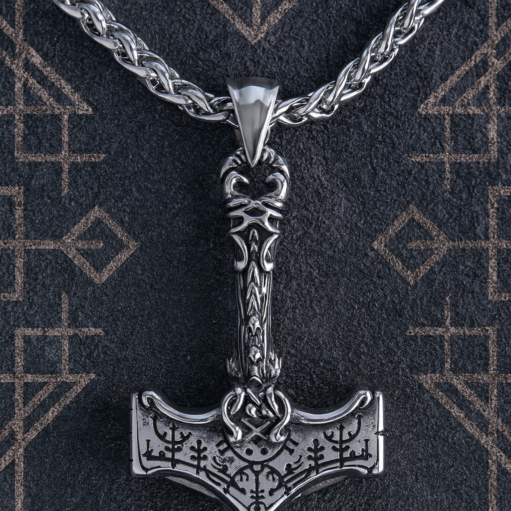 Thor’s Hammer Necklace – Stainless Steel Mjolnir with Vegvisir Rune