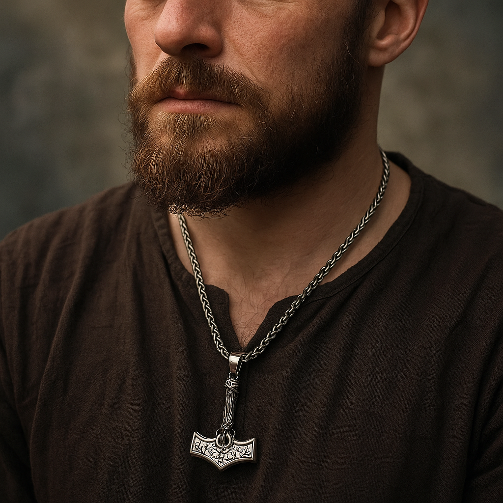Thor’s Hammer Necklace – Stainless Steel Mjolnir with Vegvisir Rune