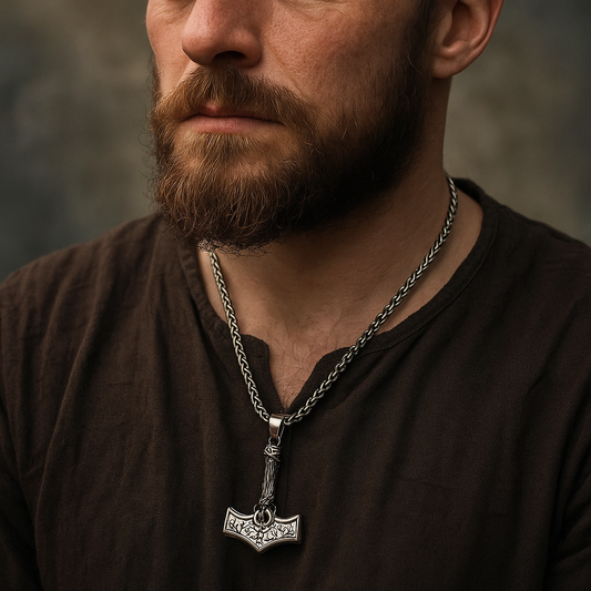 Thor’s Hammer Necklace – Stainless Steel Mjolnir with Vegvisir Rune
