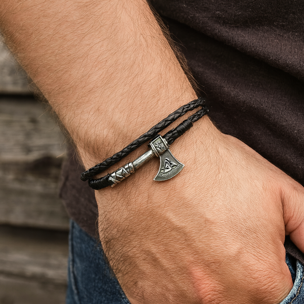 Nordic Valknut Axe Bracelet: Multilayer Leather