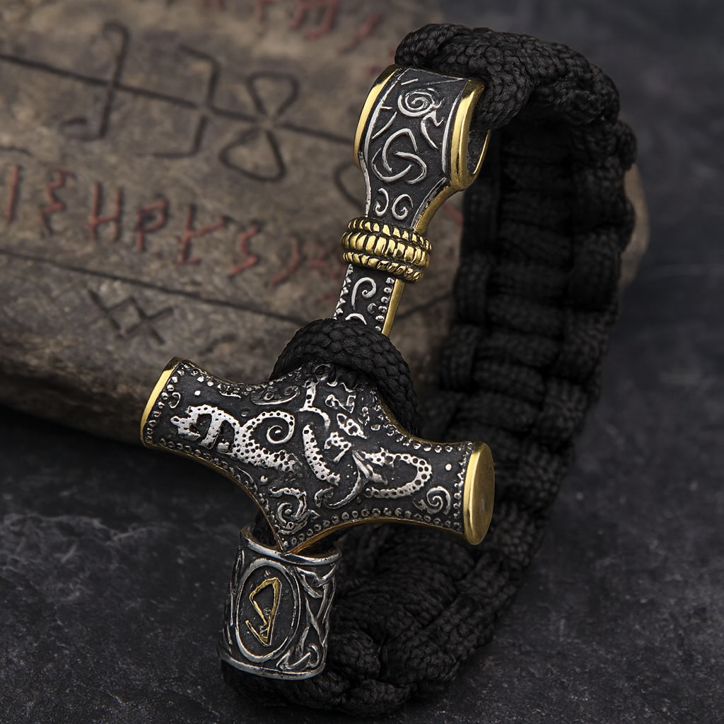 Stainless Steel Viking Mjolnir Bracelet Norse Runes