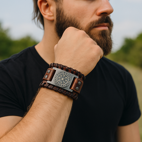 Viking Leather Bracelet – Wide Braided Cuff with Vegvisir Rune
