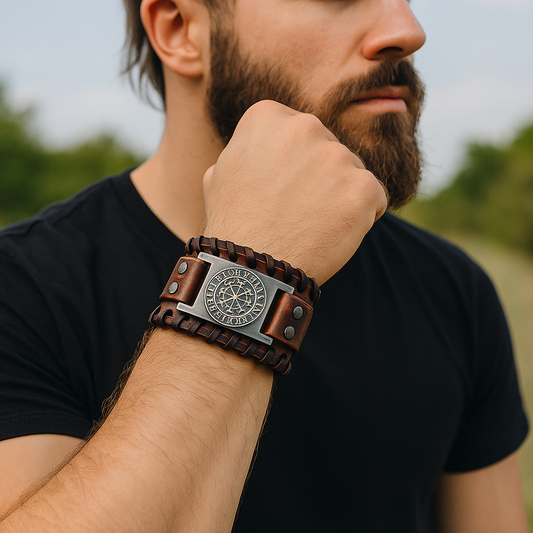 Viking Leather Bracelet – Wide Braided Cuff with Vegvisir Rune